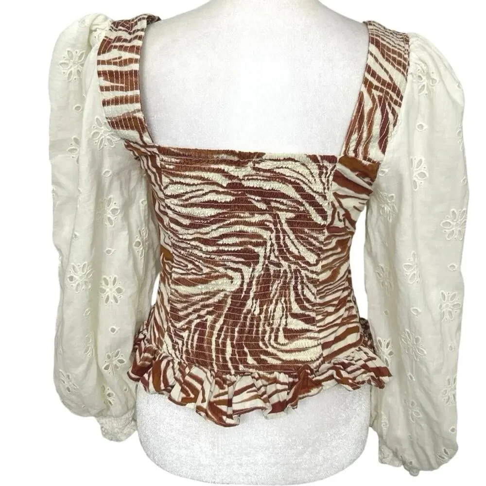 Anthropologie Love The Label Puff Sleeve Eyelet Smocked Top XS Boho Cottage